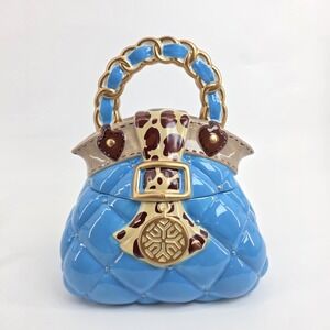 David's Cookies Handbag Turquoise & Gold Ceramic Cookie Jar Vintage 10"Height